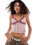 [Reclaimed Vintage] Reclaimed Vintage mesh cami with eyelet trim in ditsy floral print-Multi L MULTI