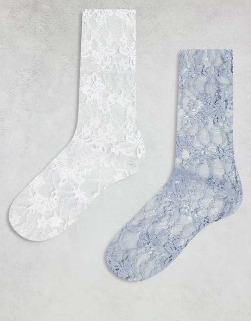 Reclaimed Vintage mesh floral ankle sock 2 pack in white and blue