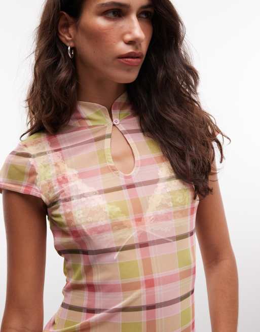 Reclaimed Vintage mesh mandarin collar top in check, 3 of 4