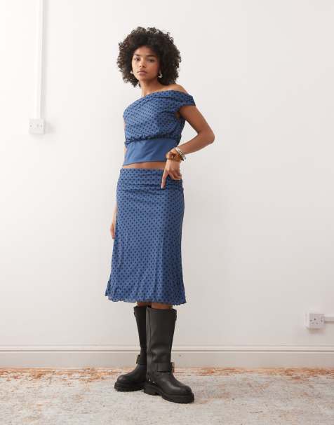 Reclaimed Vintage mesh midi skirt co-ord in blue and black polka dot print