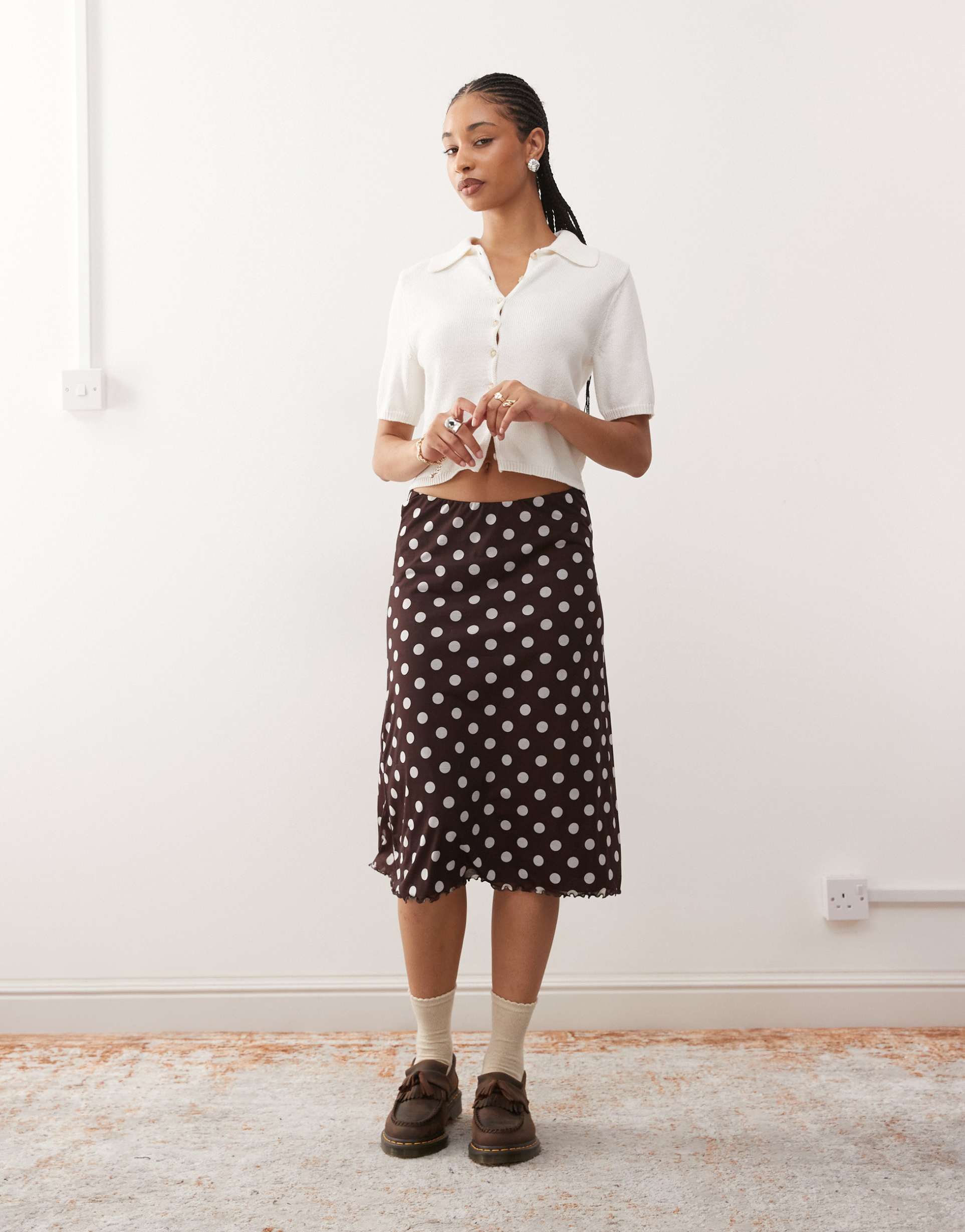 reclaimed vintage mesh midi skirt in chocolate and cream polka dots