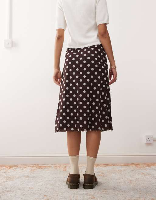 Reclaimed Vintage - Mesh midirok met stippenprint in chocoladebruin en crème, 3 van 5