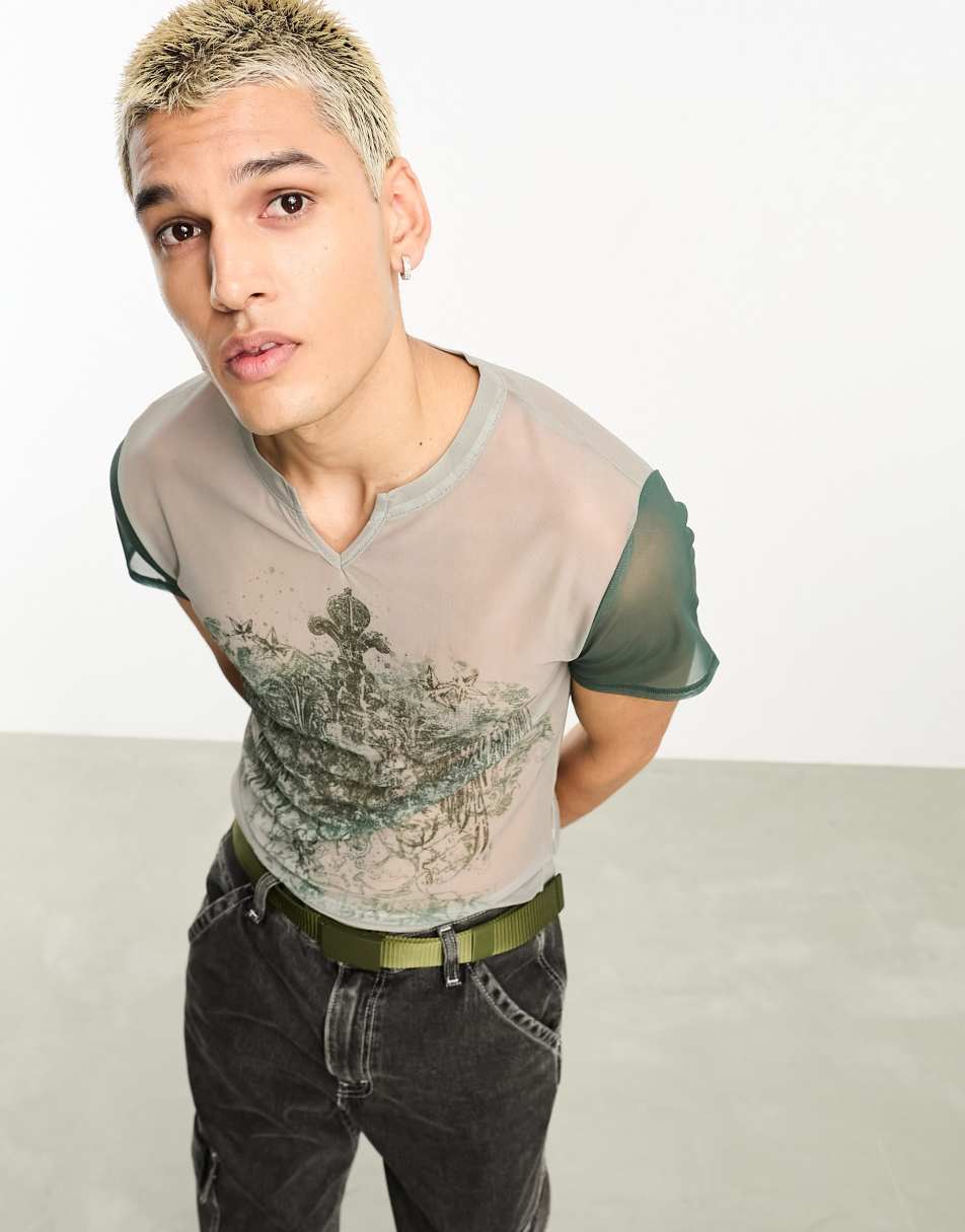 Reclaimed Vintage mesh notch neck t shirt with graphic