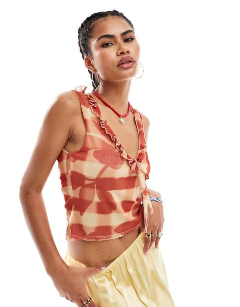 Reclaimed Vintage mesh tie front top in printed plaid and floral - view 1