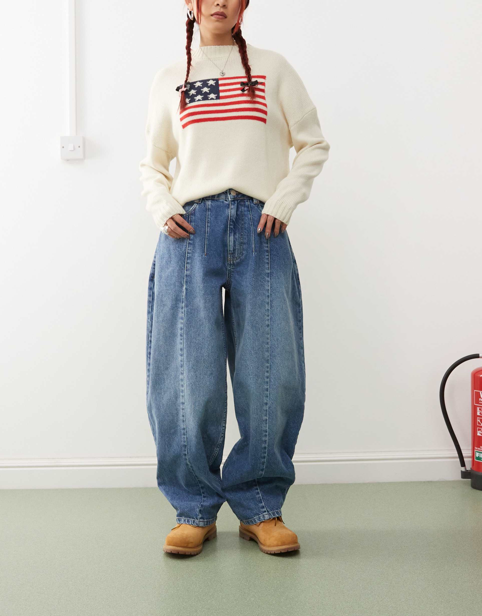 reclaimed vintage mid rise denim barrel leg jean in light blue wash