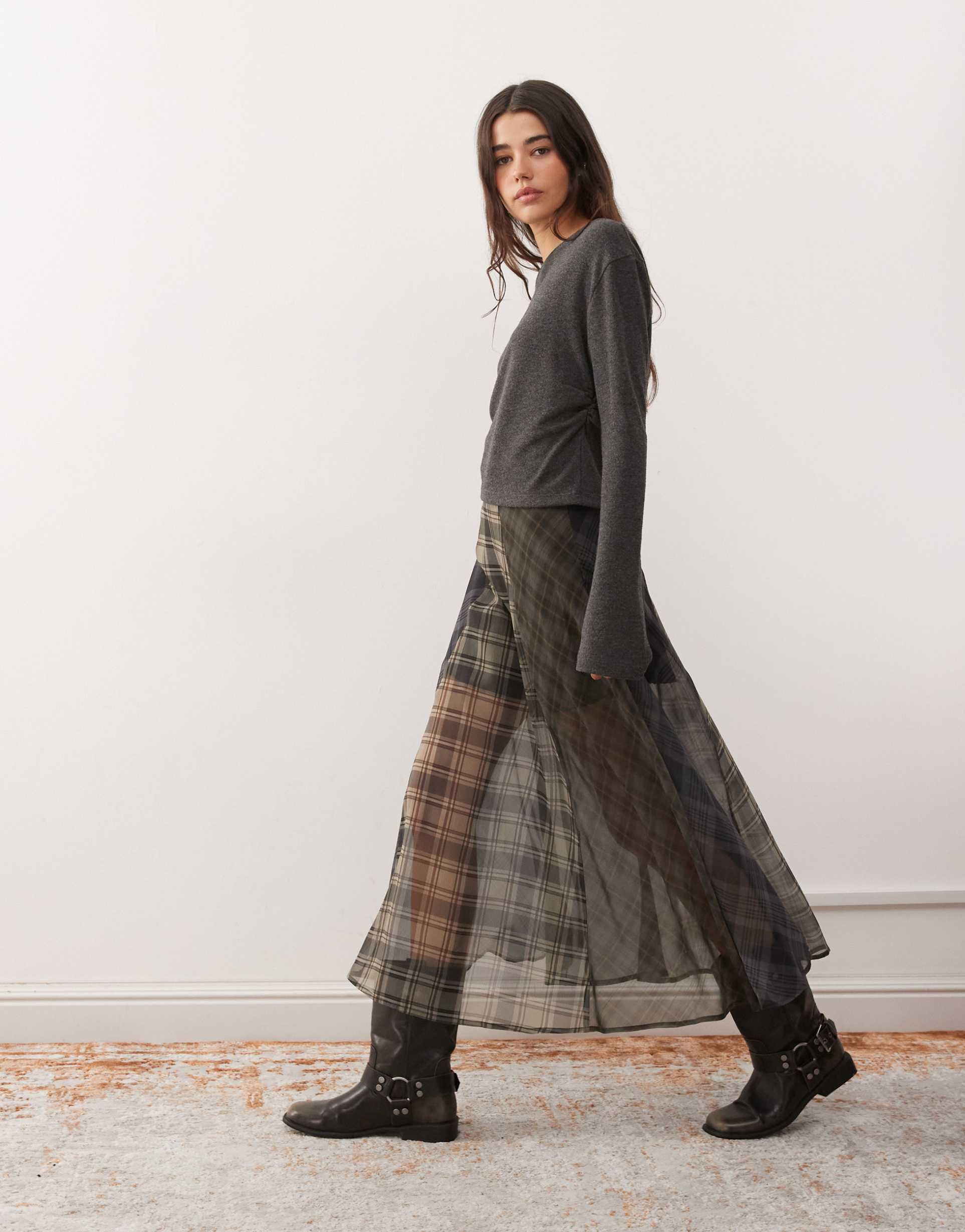 reclaimed vintage midaxi circle skirt in sheer spliced plaid print