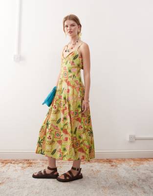 midaxi dress with bust cup detailing and godets in print-Multi