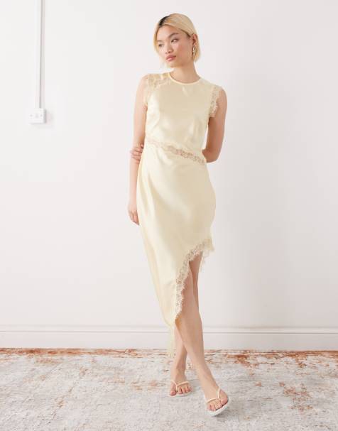 Reclaimed Vintage midi asymmetric slip dress with lace in buttercream yellow - view 1