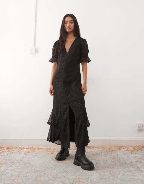 Reclaimed Vintage midi button down tea dress with ruffles in black ditsy floral print