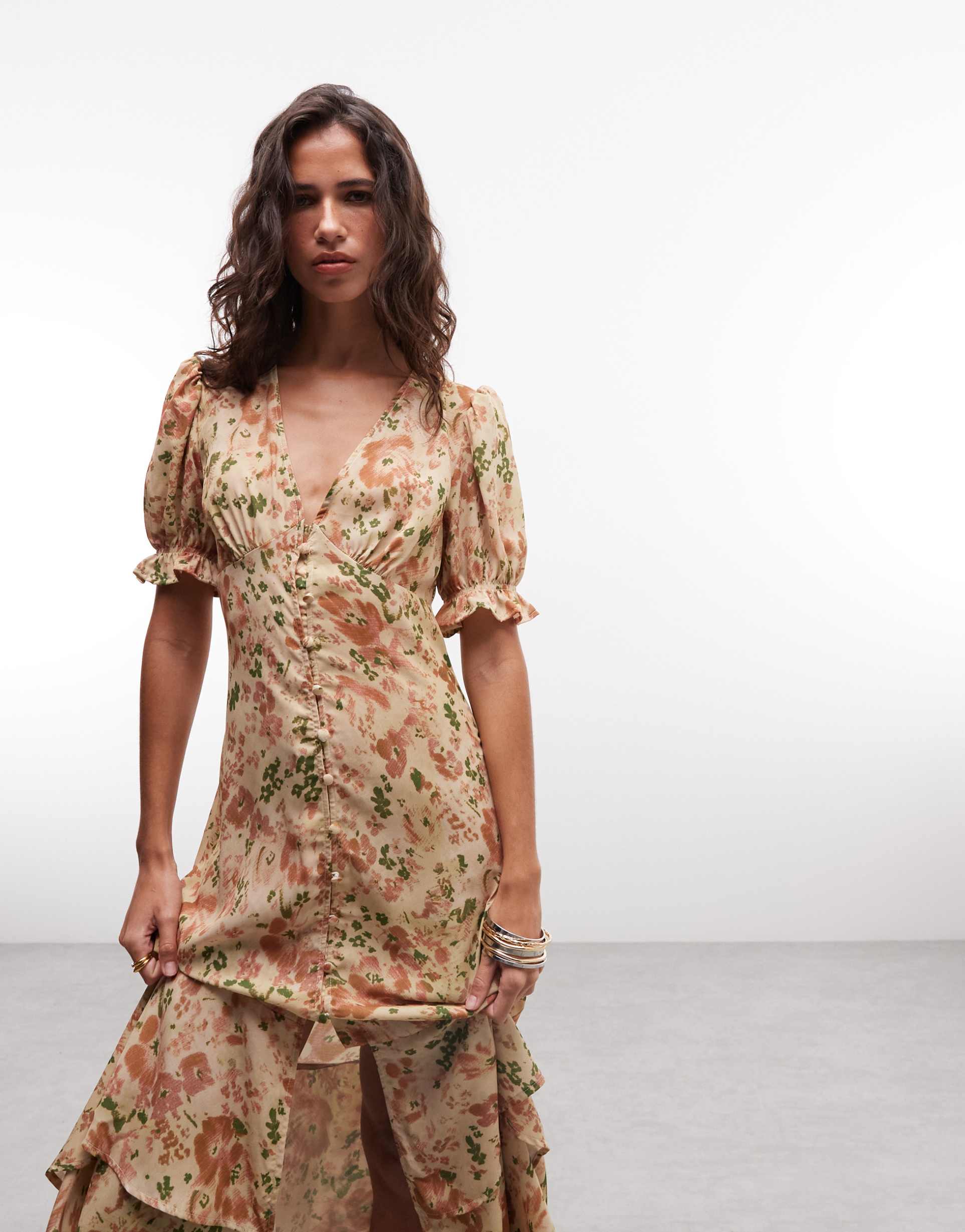reclaimed vintage midi button down tea dress with ruffles in ditsy print