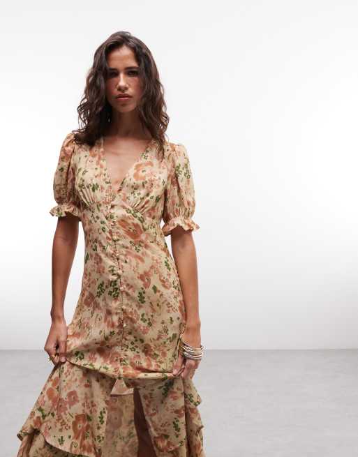 Reclaimed Vintage midi button down tea dress with ruffles in ditsy print