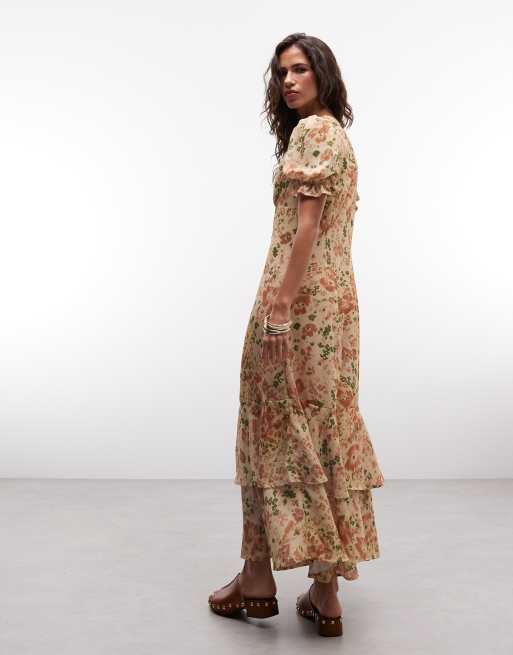 topshop midi dress with ruffles in ditsy floral Topshop primary floral ruffle wrap midi dress in multi