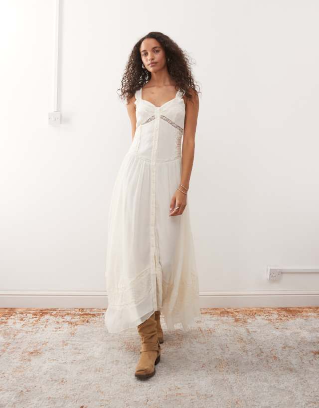 Reclaimed Vintage midi cami dress with lace inserts and button