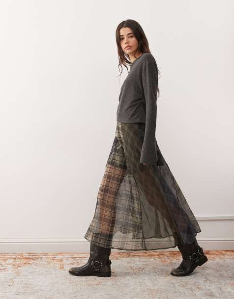Reclaimed Vintage midi circle skirt in sheer spliced check print