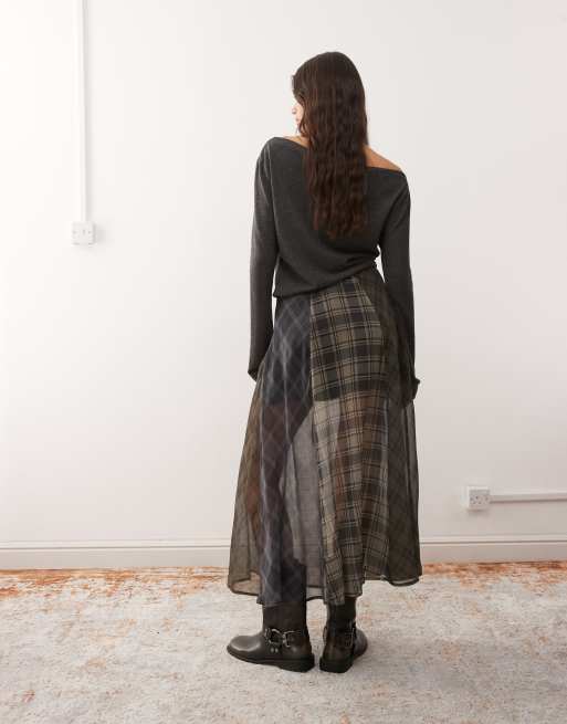 Reclaimed Vintage midi circle skirt in sheer spliced check print, 4 of 5