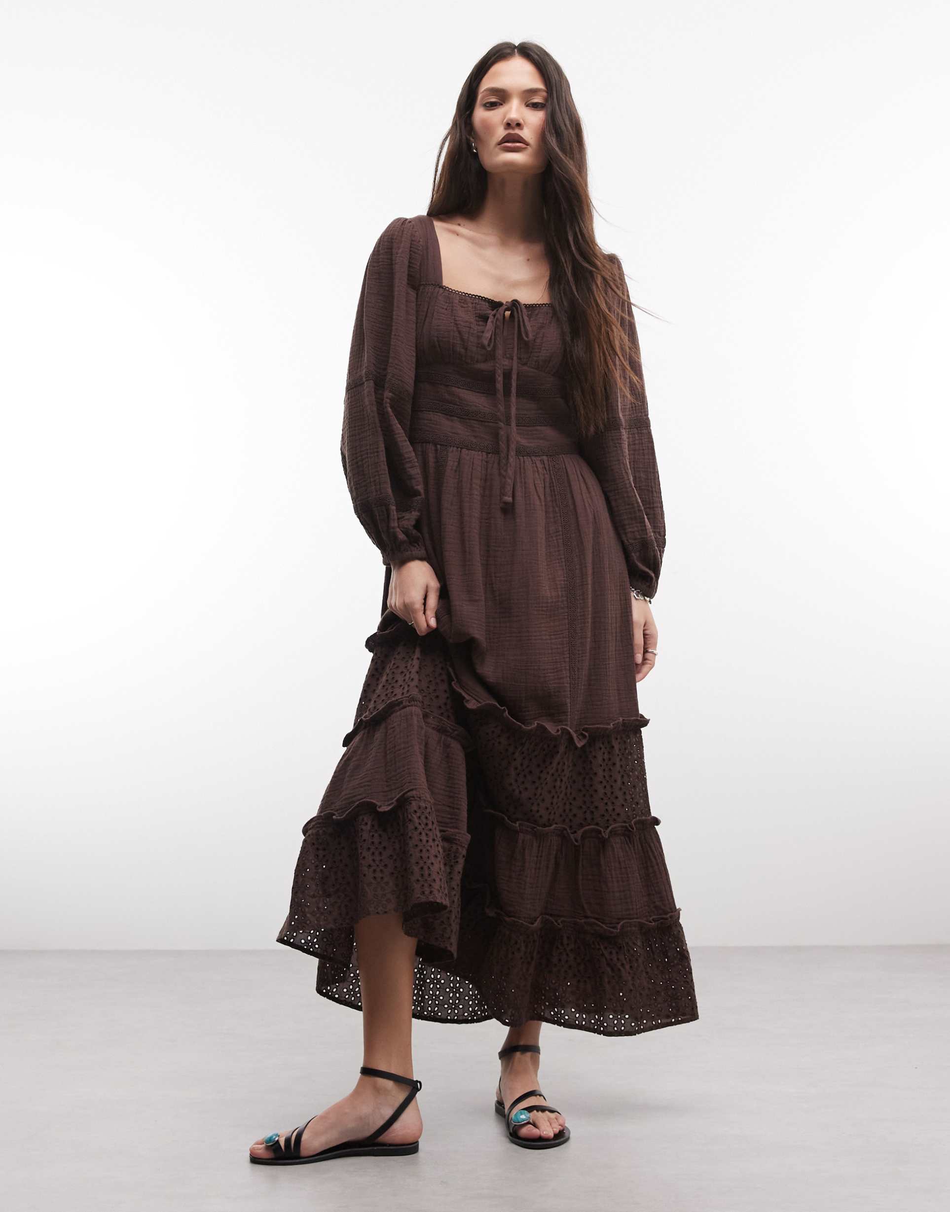 reclaimed vintage midi day dress with half sleeves and eyelet trim in chocolate brown