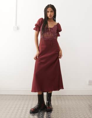 Reclaimed Vintage Midi Day Dress With Lace Inserts In Burgundy
