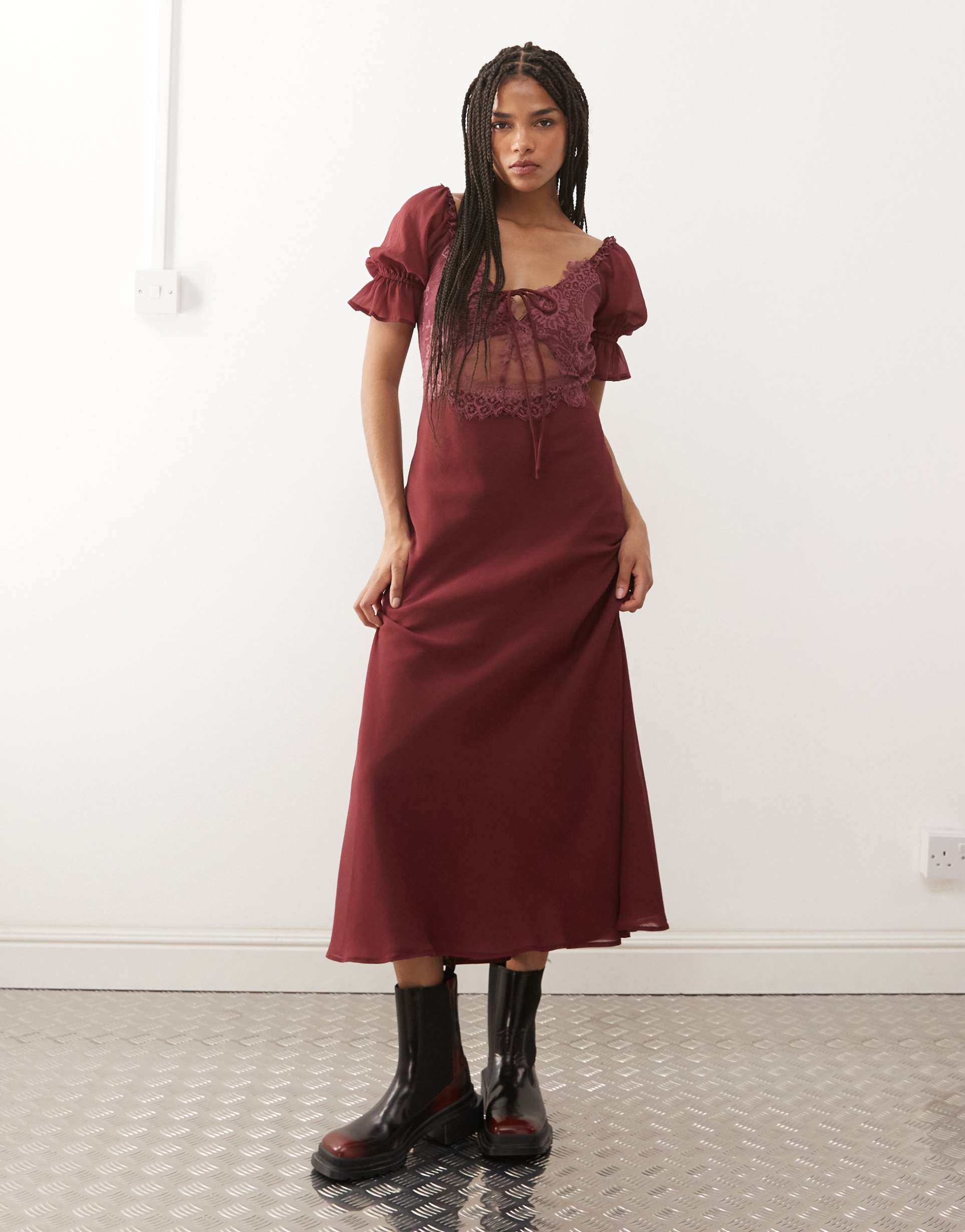 reclaimed vintage midi day dress with lace inserts in burgundy
