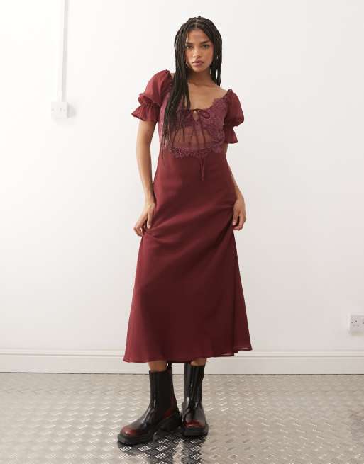 Reclaimed Vintage midi day dress with lace inserts in burgundy