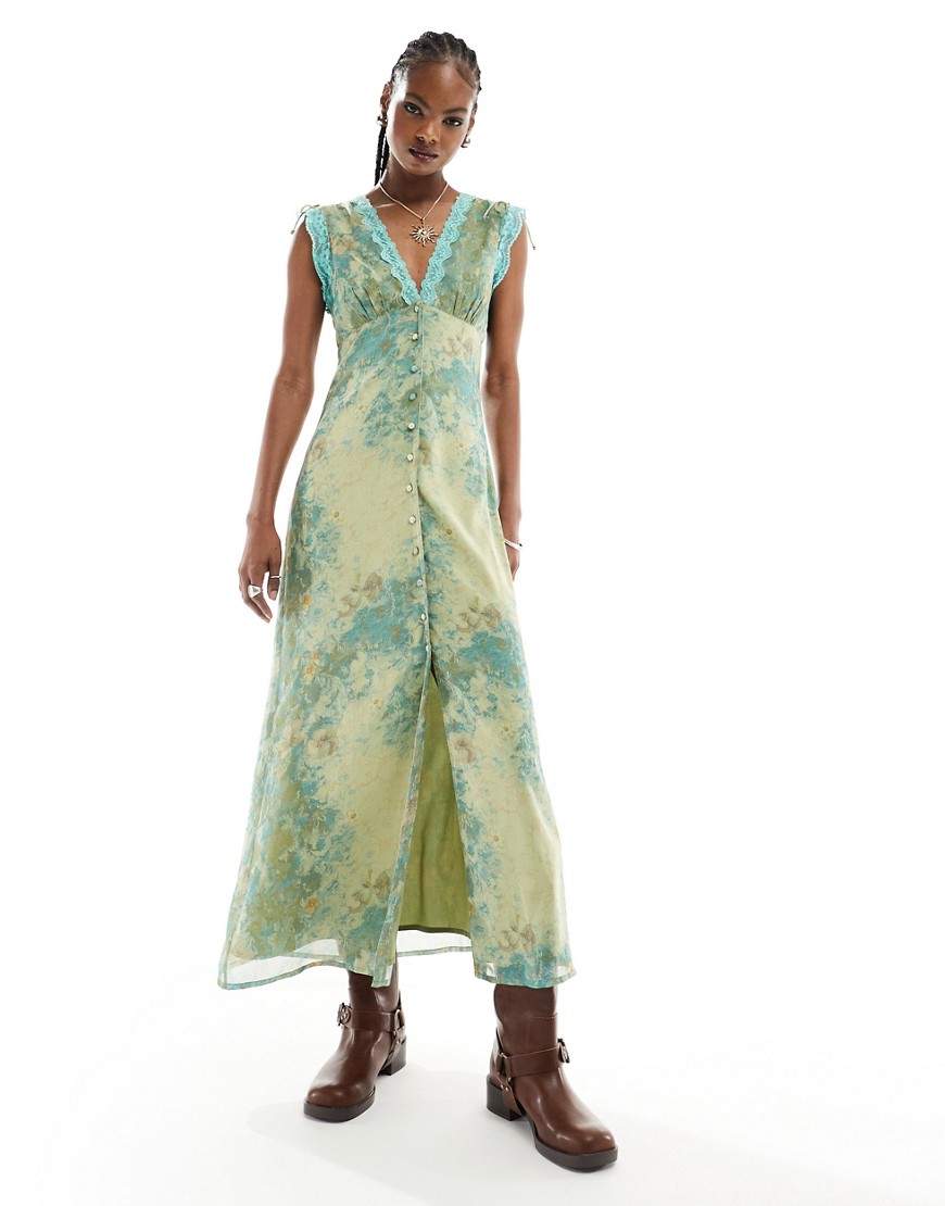Reclaimed Vintage midi dress in floral print with lace in green
