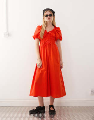 midi dress with bubble sleeves and shirred waist in red