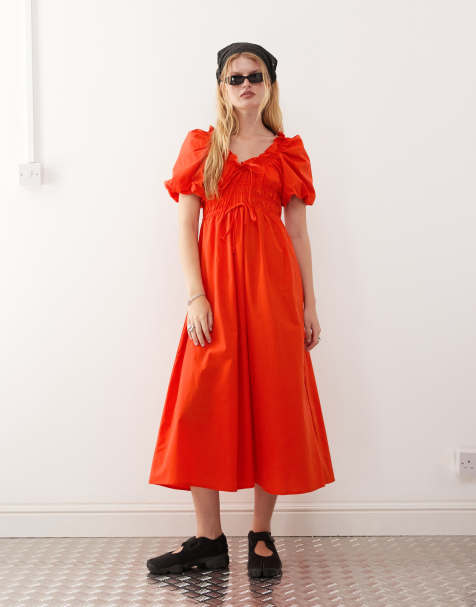 Reclaimed Vintage midi dress with bubble sleeves and shirred waist in red - view 1