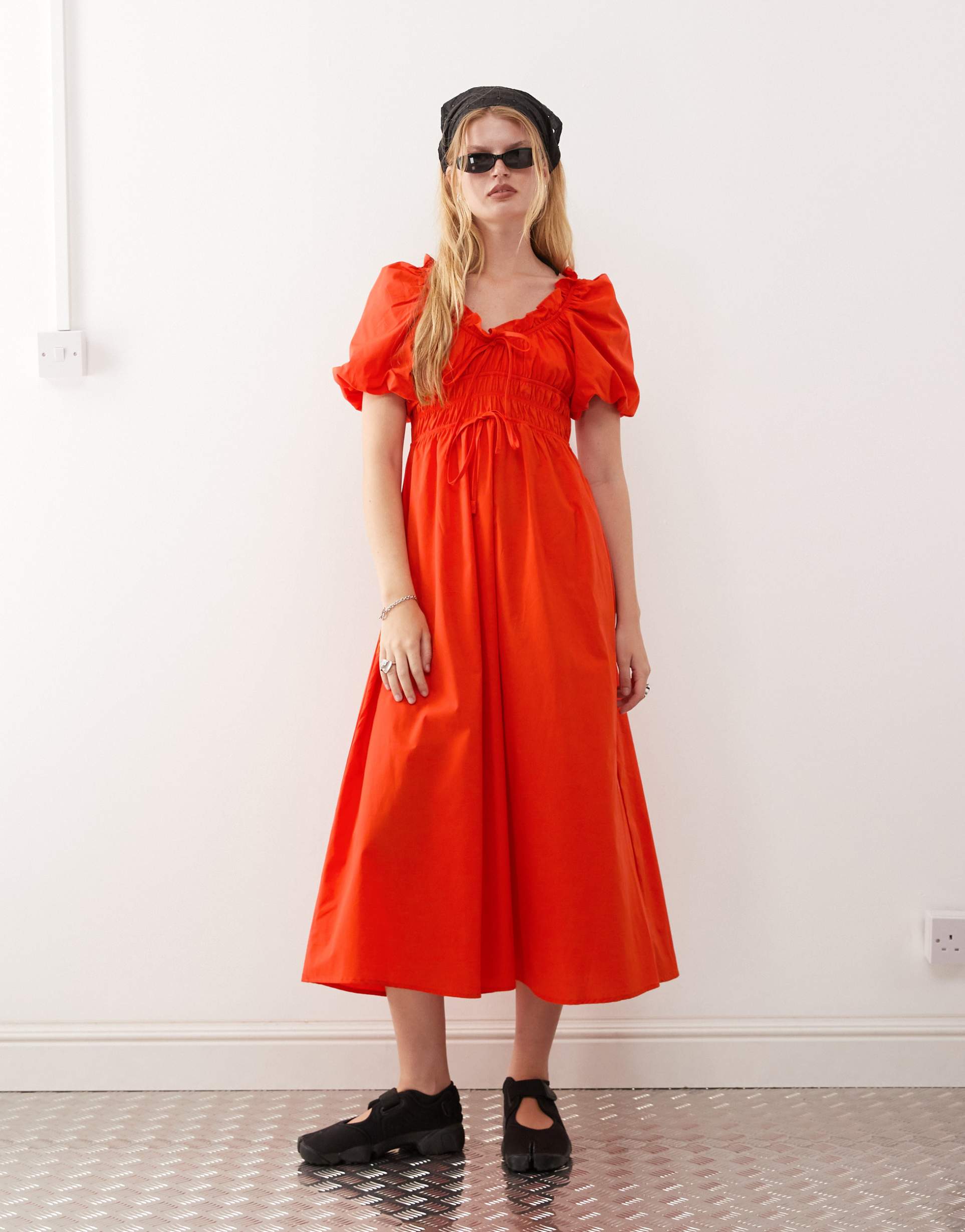 reclaimed vintage midi dress with bubble sleeves and shirred waist in red