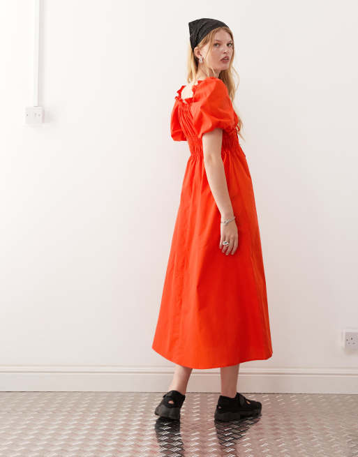Reclaimed Vintage midi dress with bubble sleeves and shirred waist in red