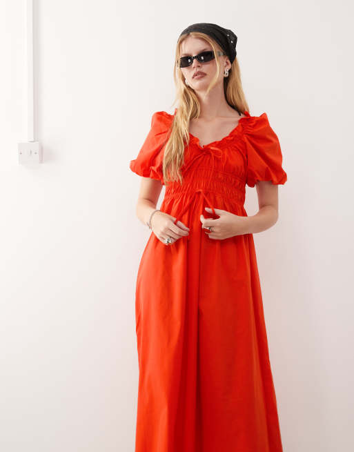 Reclaimed Vintage midi dress with bubble sleeves and shirred waist in red