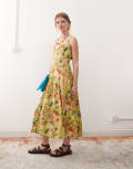 [Reclaimed Vintage] Reclaimed Vintage midi dress with bust cup detail and godets in holiday postcard print-Multi 6 MULTI