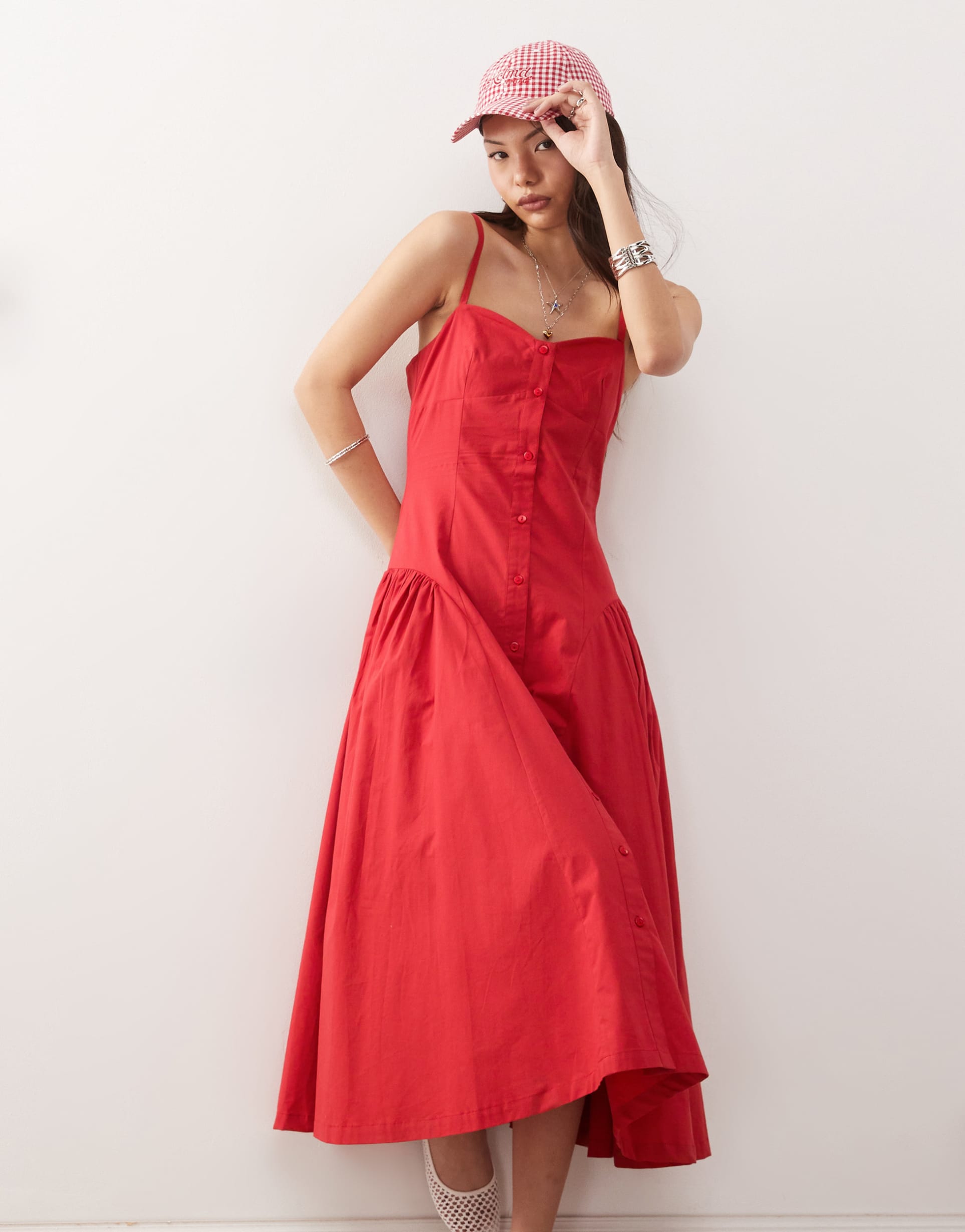reclaimed vintage midi dress with drop waist detail in red