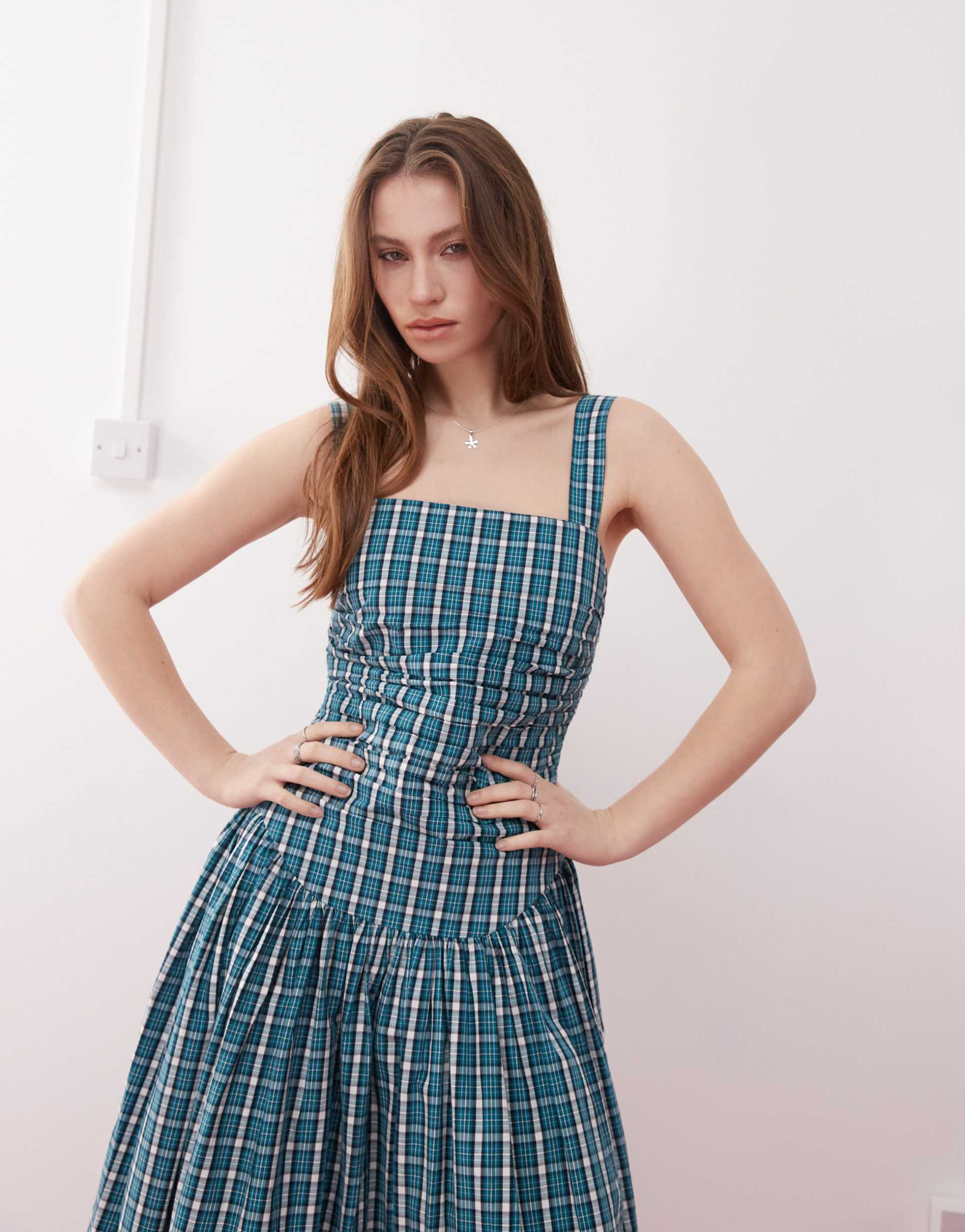 reclaimed vintage midi dress with drop waist in green plaid