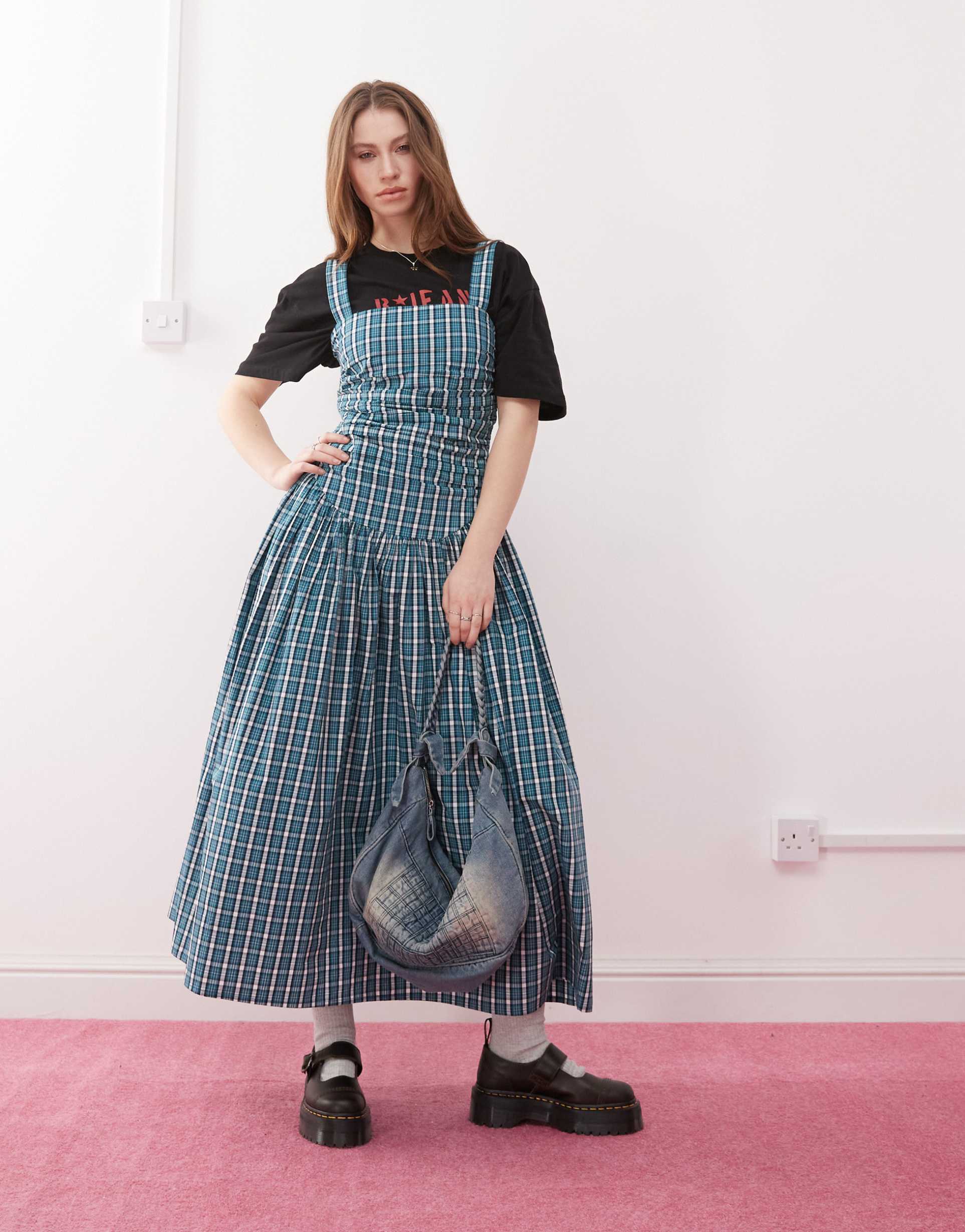 reclaimed vintage midi dress with drop waist in green plaid