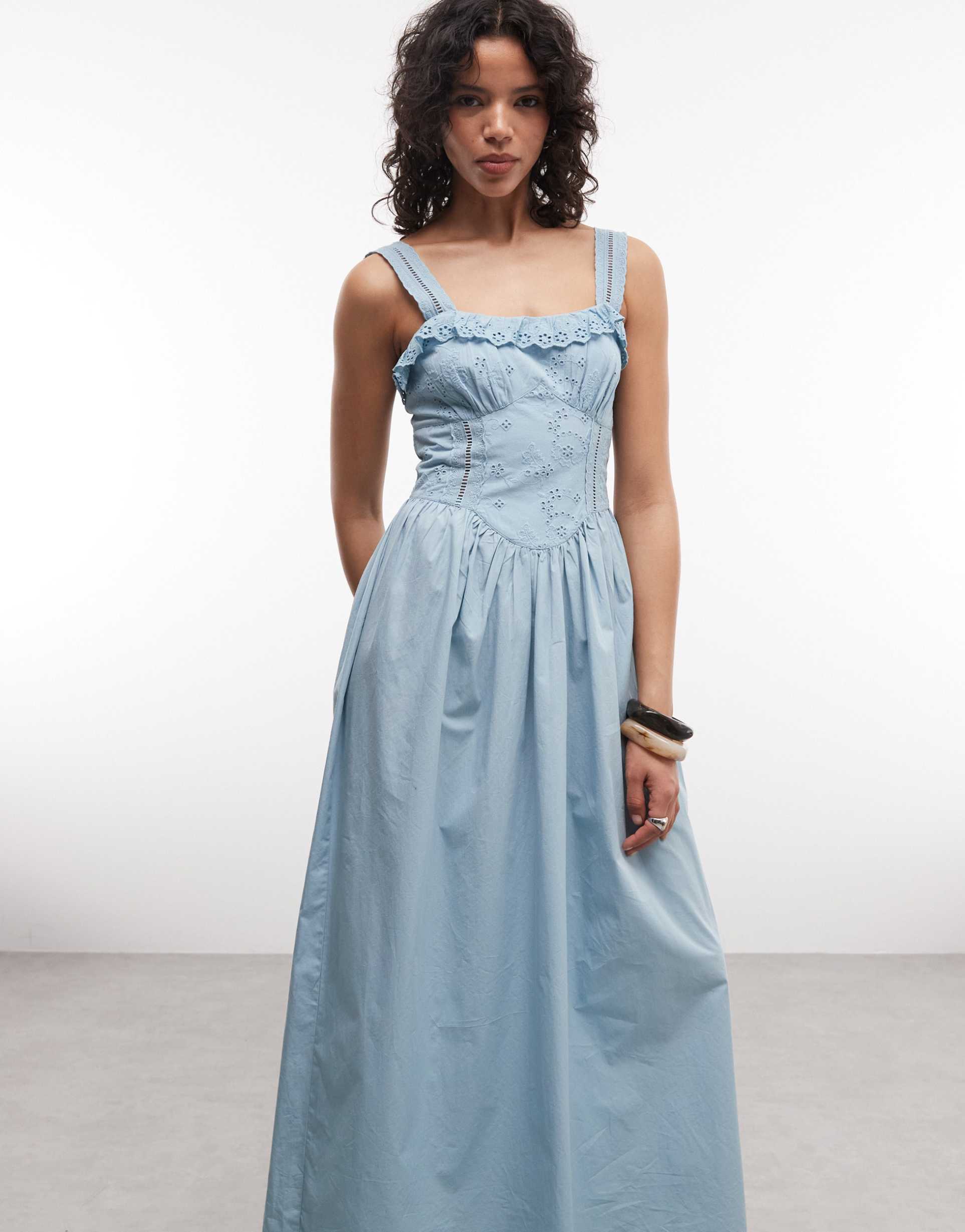 reclaimed vintage midi dress with eyelet seam and bust detailing in blue