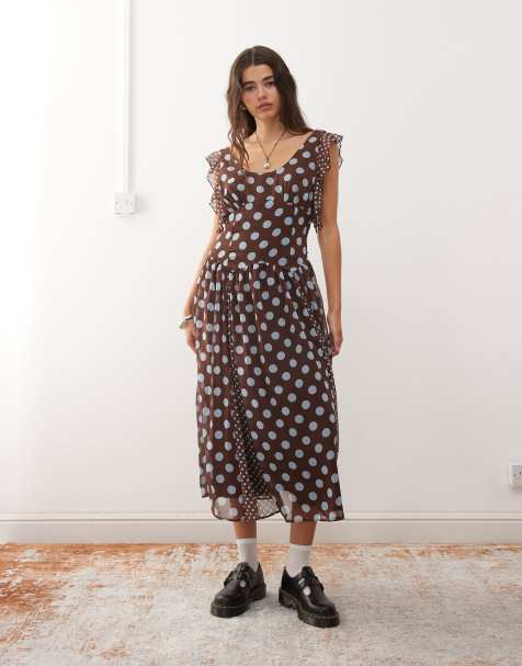 Reclaimed vintage midi dress with godets and ruffles in brown and blue polka dot - view 1