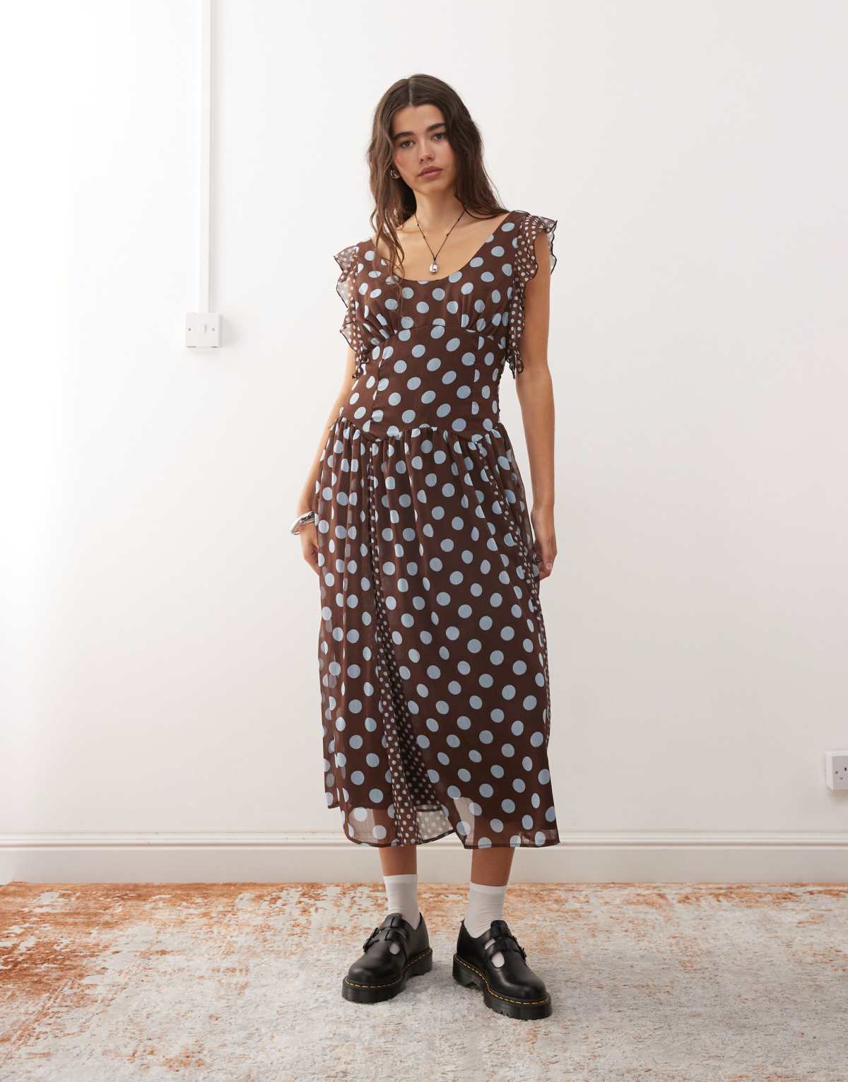 Reclaimed vintage midi dress with godets and ruffles in brown and blue polka dot
