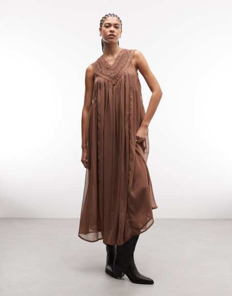 Reclaimed Vintage midi dress with lace collar in brown - view 1