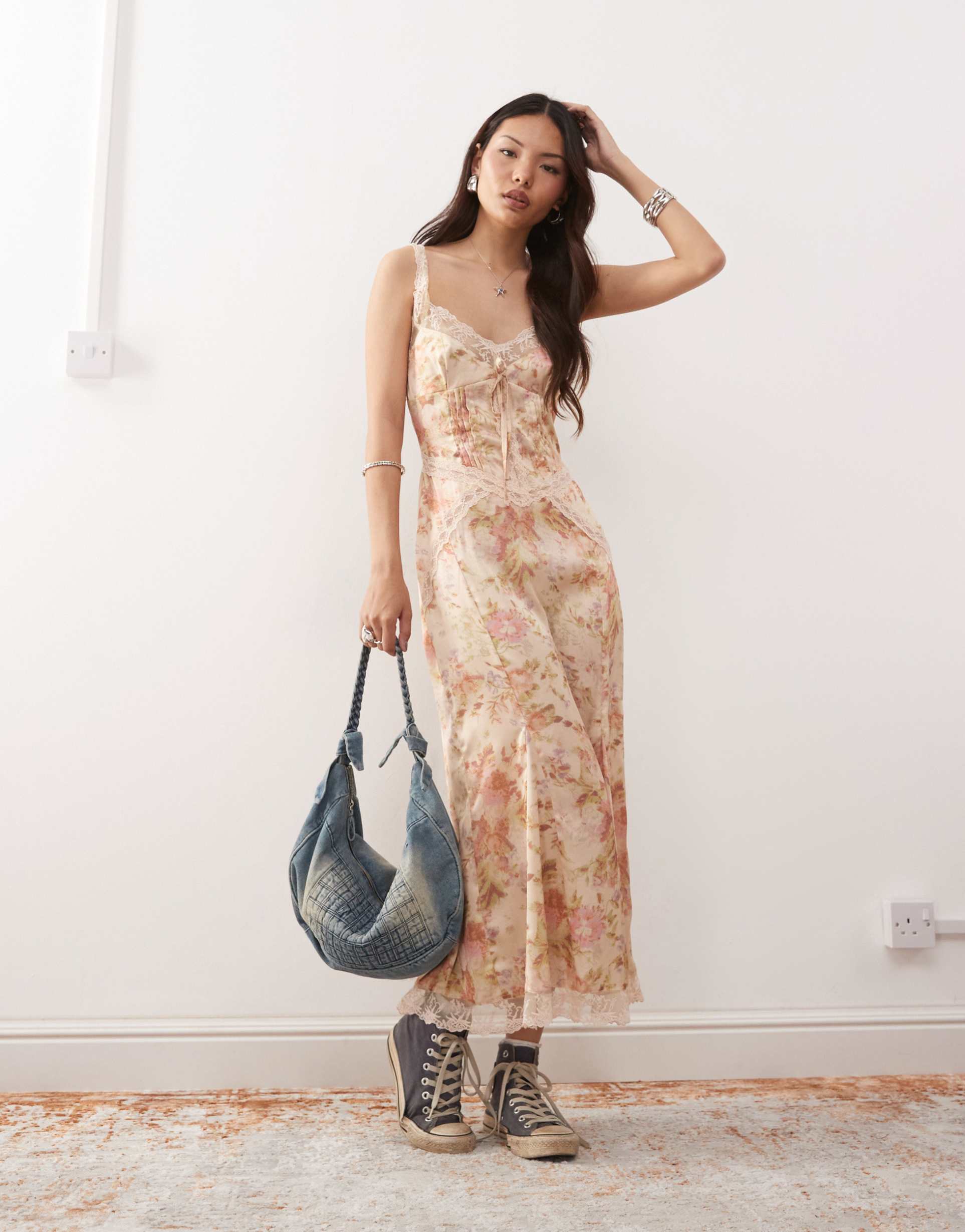 reclaimed vintage midi dress with lace cutouts in floral print