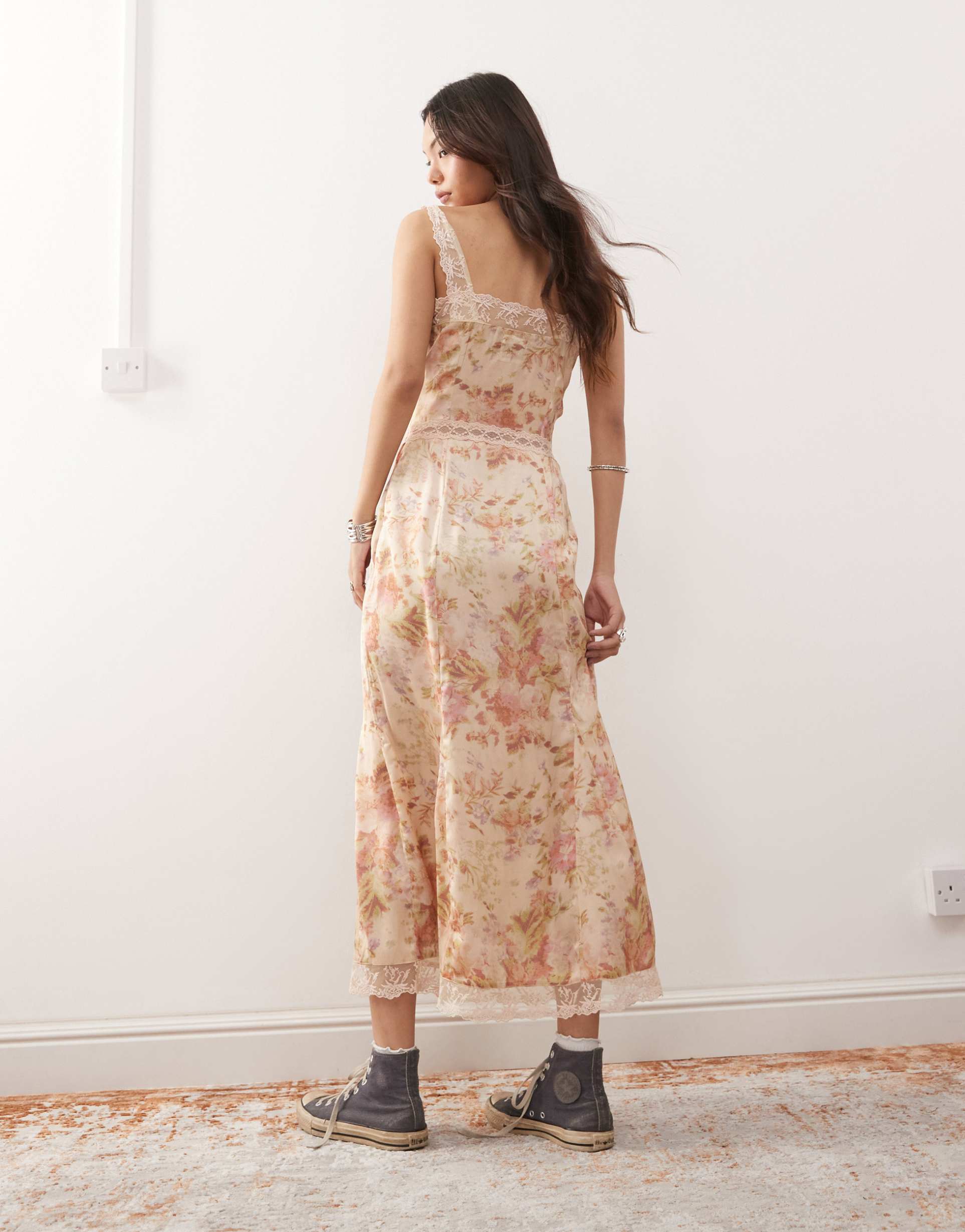 reclaimed vintage midi dress with lace cutouts in floral print