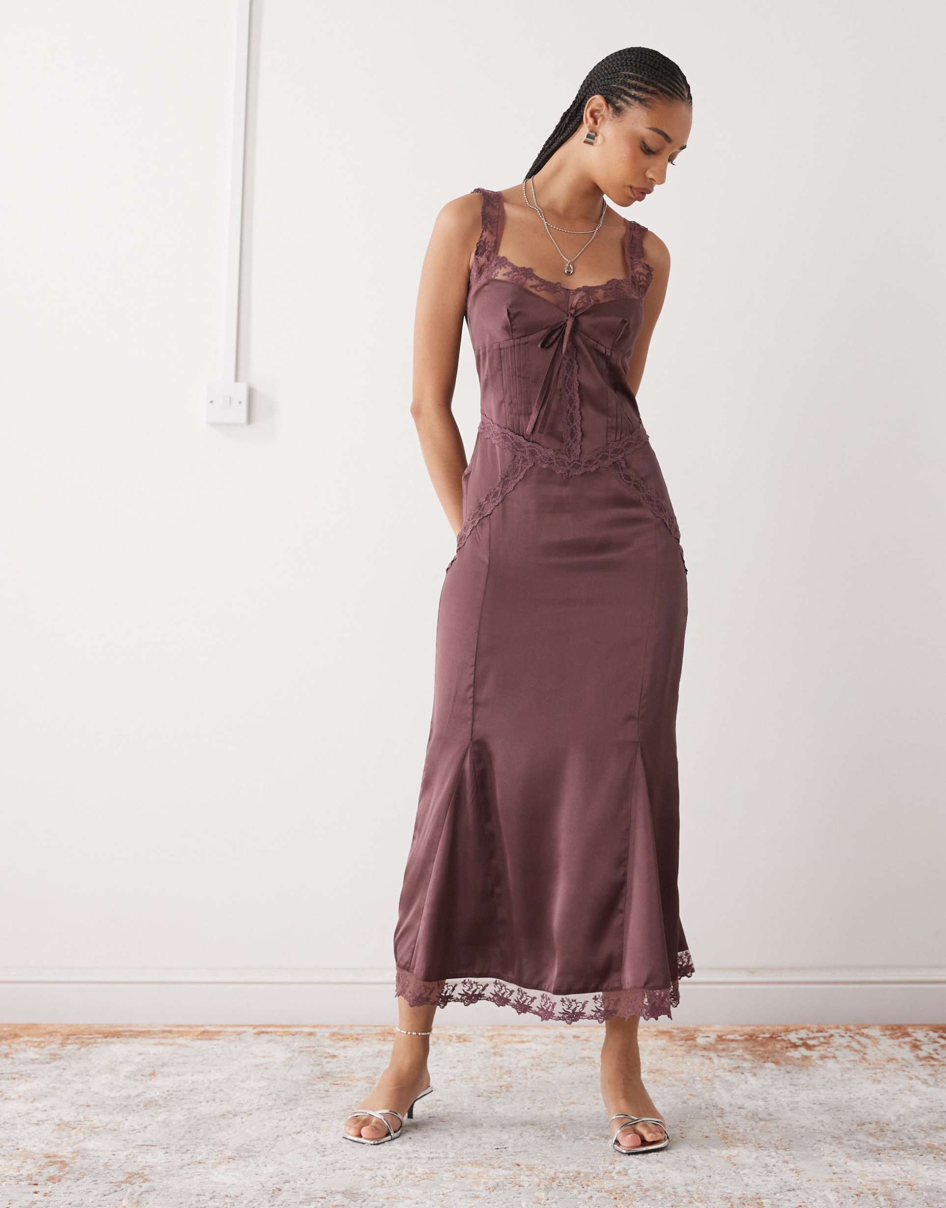 reclaimed vintage midi dress with lace cutouts in plum