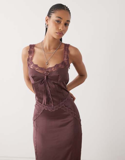 Reclaimed Vintage midi dress with lace cutouts in plum