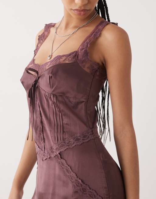 Reclaimed Vintage midi dress with lace cutouts in plum
