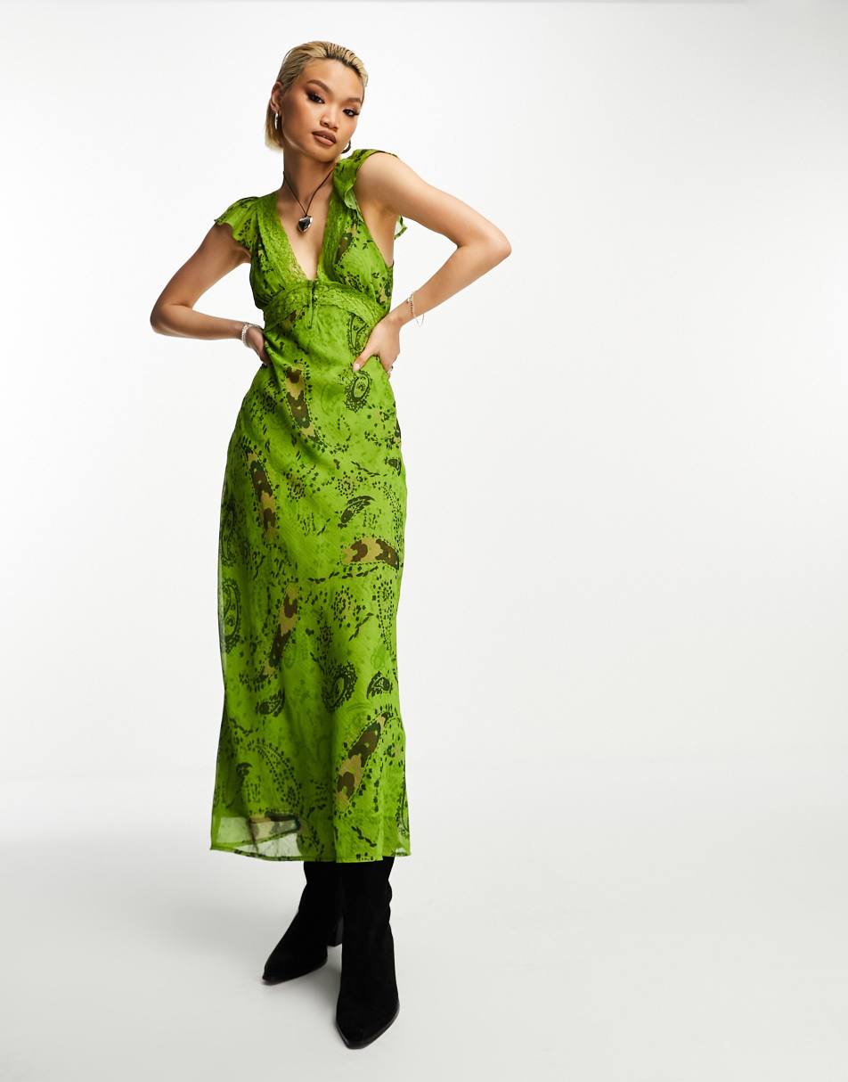 Reclaimed Vintage midi dress with lace detail and frill sleeves in green paisley print