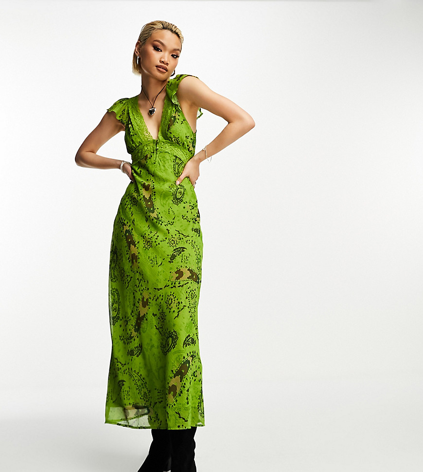 Reclaimed Vintage midi dress with lace detail and ruffle sleeves in green paisley print
