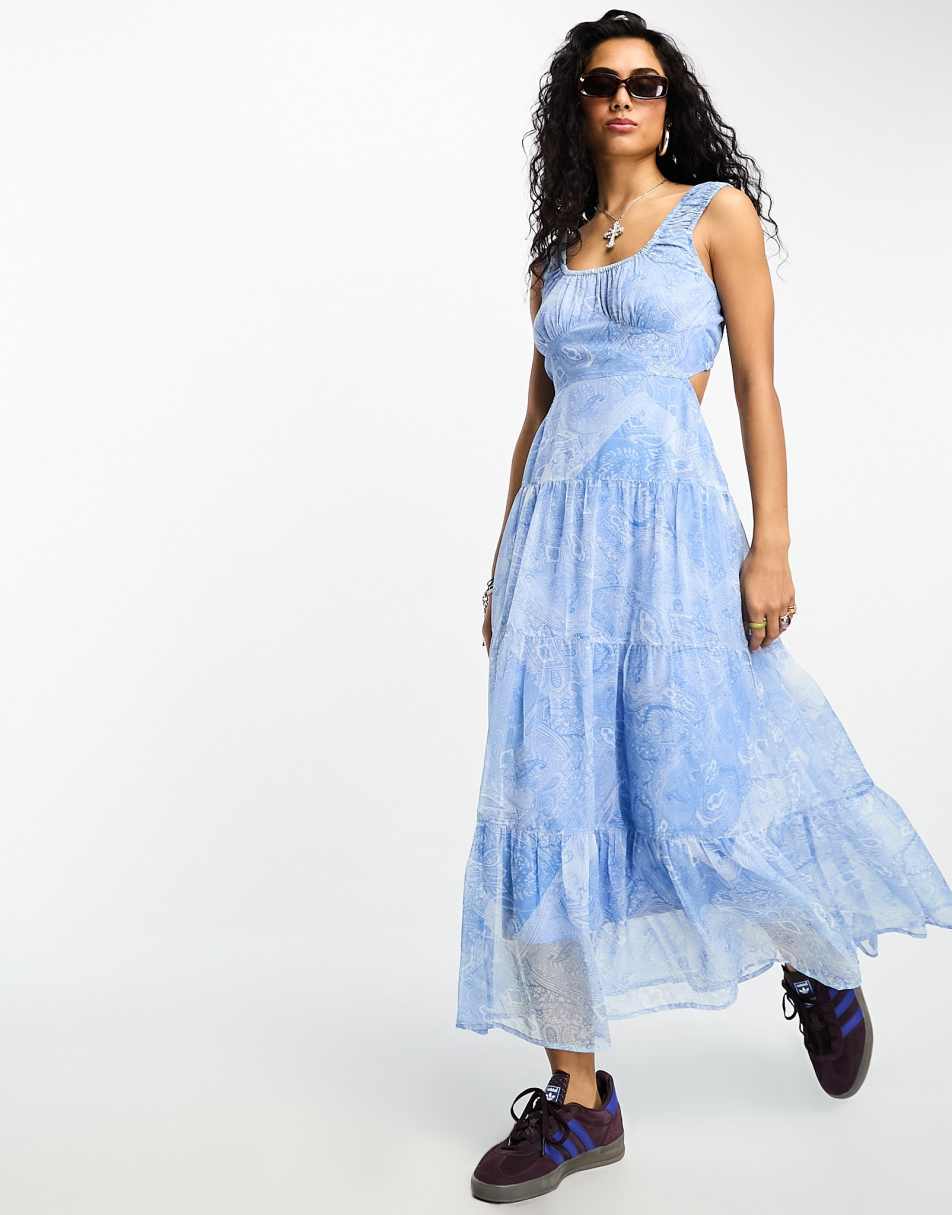 Reclaimed Vintage midi dress with open back detail in blue paisley print