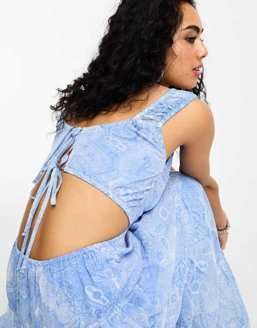 blue paisley midi dress Blue Paisley Shirred Detail Midi Dress main image 0