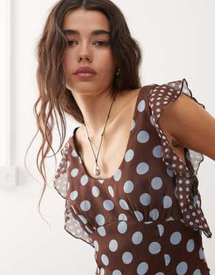 Reclaimed Vintage Midi Dress with Panels and Ruffles in Brown and Blue Polka dot-Multi Reclaimed vintage midi dress with panels and ruffles in brown and blue polka  dot | ASOS