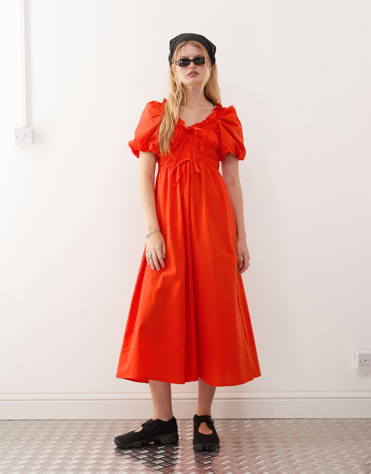 Reclaimed Vintage midi dress with puffball sleeves and shirred waist in red