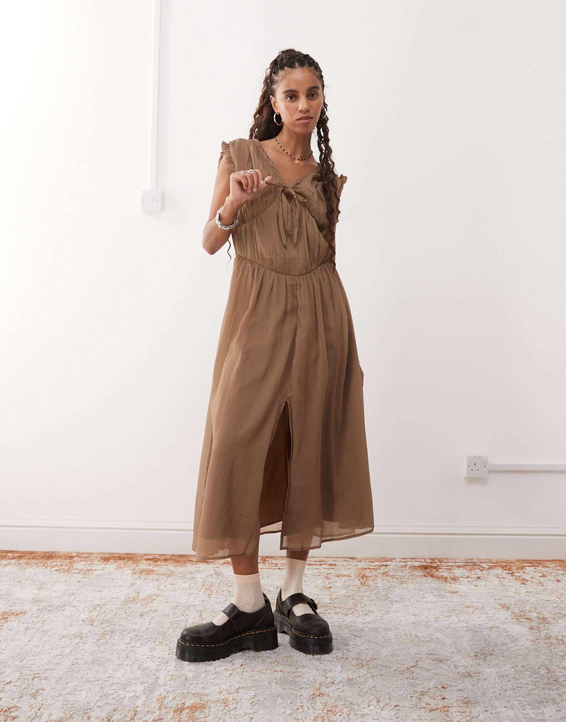 reclaimed vintage midi dress with ruched detail and hook and eye