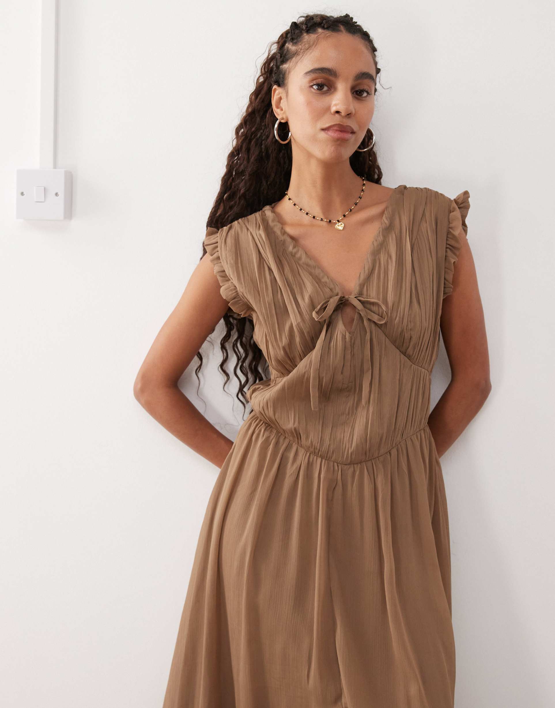 reclaimed vintage midi dress with ruched detail and hook and eye
